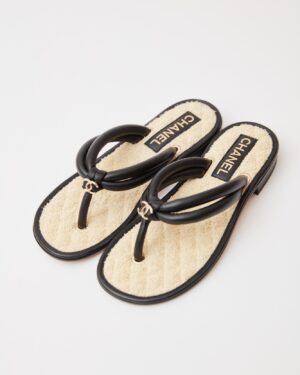 Chanel White Black Tweed Thong Sandals