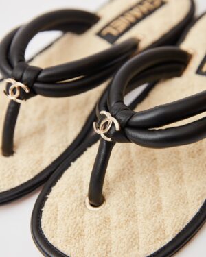 Chanel White Black Tweed Thong Sandals