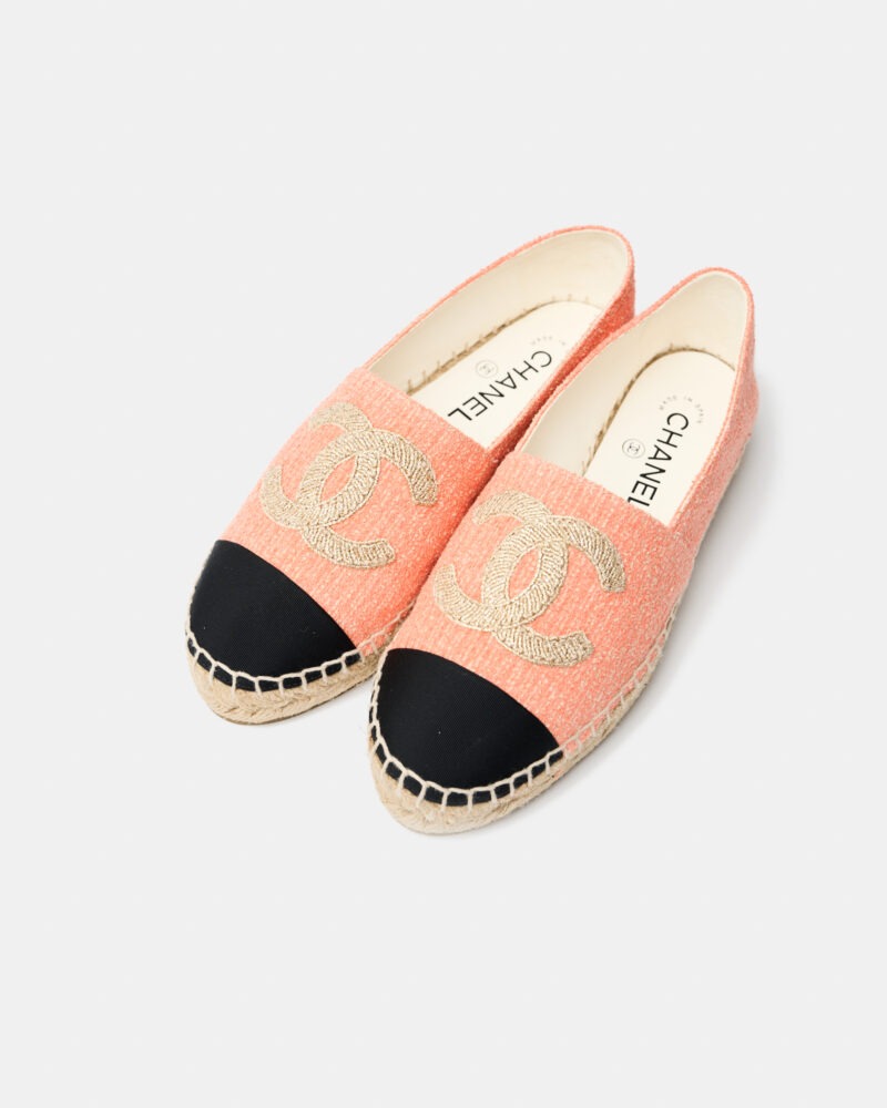 Chanel Light Orange Cotton Tweed Fabric and Grosgrain Espadrilles 37