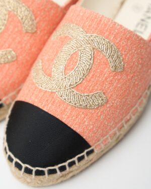 Chanel Light Orange Cotton Tweed Fabric and Grosgrain Espadrilles 37